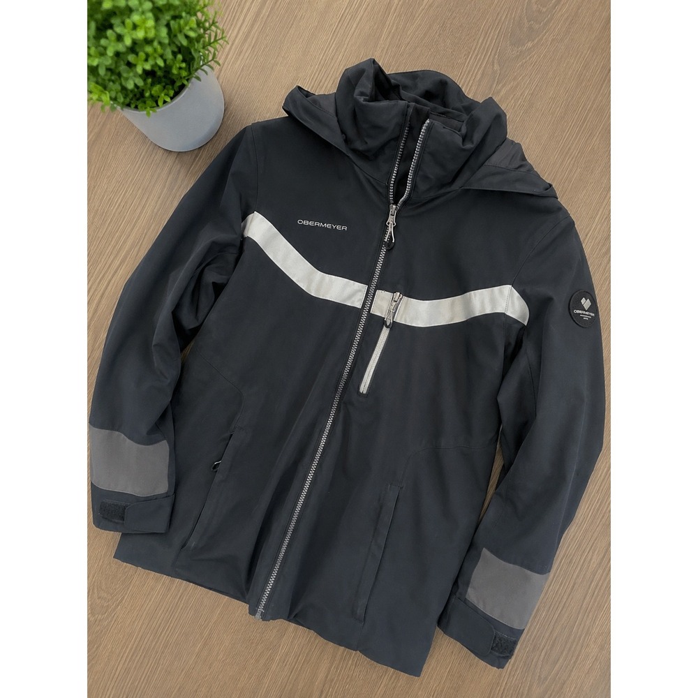 Obermeyer Teen Boys Ski Jacket Black Grey Hooded Winter Coat Size L 14-16